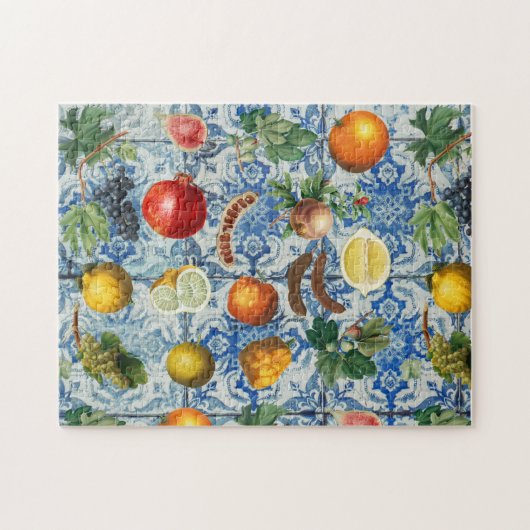 Mittelmeersommerfrucht und blaues weißes Mosaik  Puzzle (Horizontal)