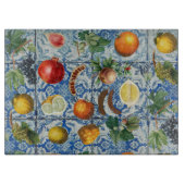 Mittelmeersommerfrucht und blaues weißes Mosaik Schneidebrett (Vorderseite)