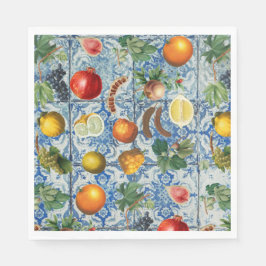 Mittelmeersommerfrucht und blaues weißes Mosaik Serviette