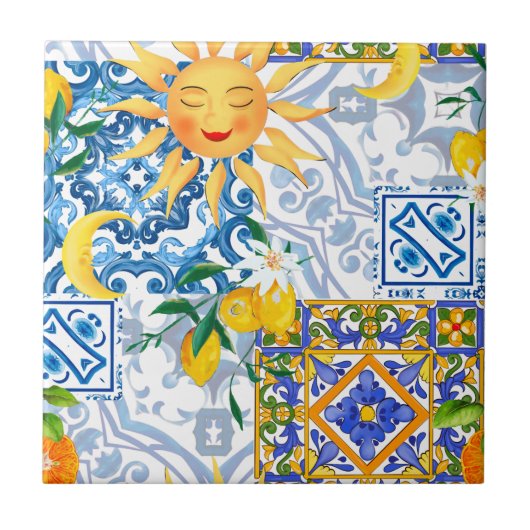 Mittelmeersonne, Blume, Zitrone, Halbmond, Fliese (Vorderseite)