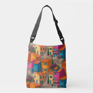 Mittelmeerstraßen — Farbige Häuser Muster Tragetaschen Mit Langen Trägern