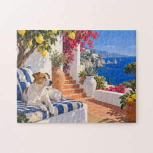Mittelmeerterrasse Hund ruht zwischen Blumen Puzzle