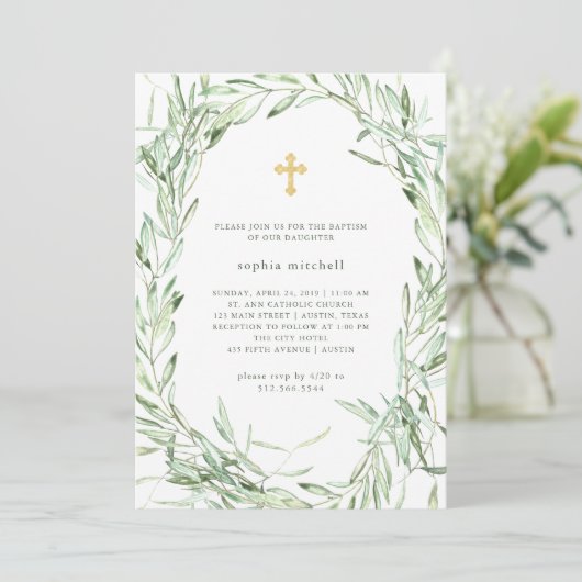 Mittelmeerzweige mit Olivenöl | Aquarelltaufe Einladung (Stehend Vorderseite)