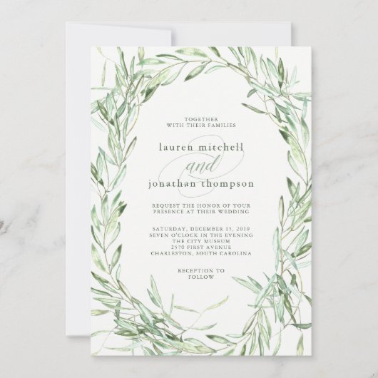 Mittelmeerzweige mit Olivenöl | Wasserfarbenhochze Einladung (Vorderseite)