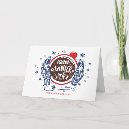 Mitten und kakaowarme Winterwischereien Feiertagskarte (Vorderseite)