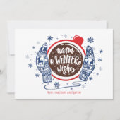 Mitten und kakaowarme Winterwischereien Feiertagskarte (Vorderseite)