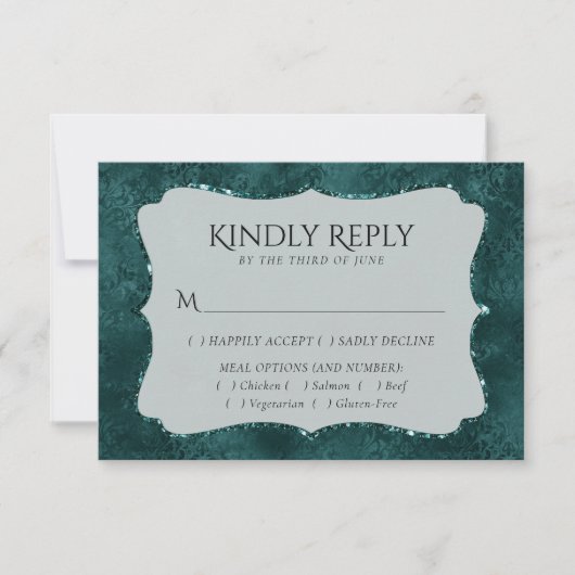 Mitternacht Aquamarin Romance | Dark Satiny Damask RSVP Karte (Vorderseite)