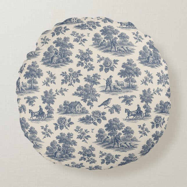 Mitternacht auf der Wiese - Blue Toile Round Throw Rundes Kissen (Vorderseite)