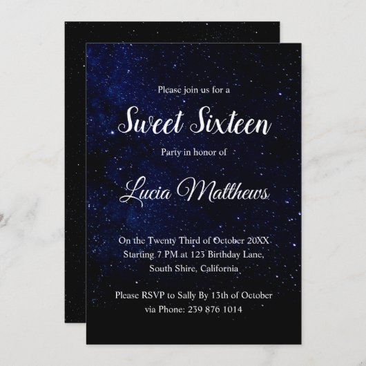 Mitternacht Black Stars 16 . Geburtstag Einladung (Vorne/Hinten)