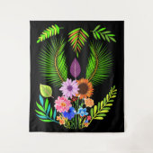 Mitternacht Blätter & Botanische Blume auf schwarz Wandteppich (Vorderseite)