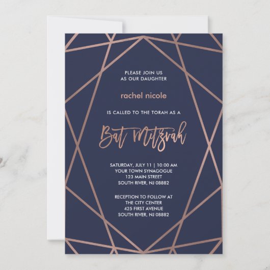 Mitternacht Blau und Rose Gold Geometric Bat Mitzv Einladung (Vorderseite)