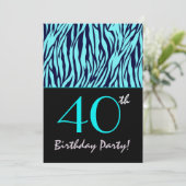 Mitternacht Blau und Türkis Zebra - 40. Geburtstag Einladung (Stehend Vorderseite)
