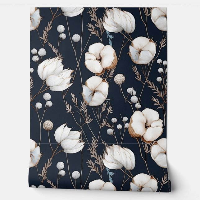 Mitternacht Blau und Weiß Blume Tapete (Abrollen)