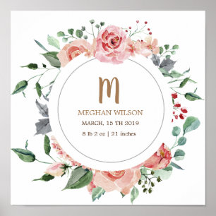 Mitternacht Bloom Monogram Baby Birth Poster