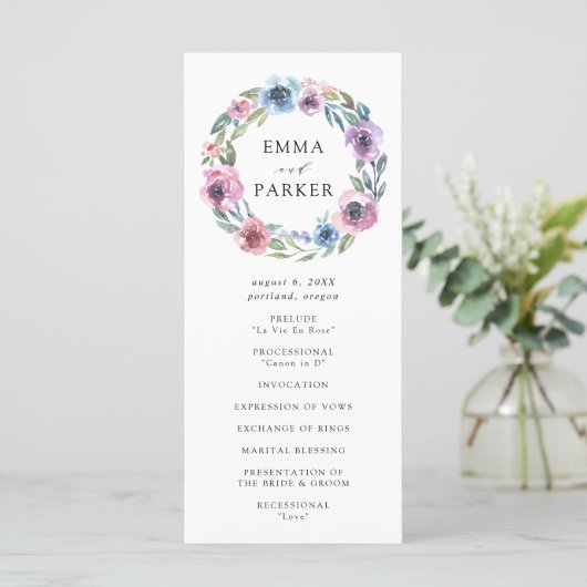 Mitternacht Blooms Floral Wreath | Hochzeitsfeier Programm (Stehend Vorderseite)