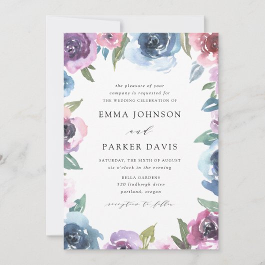 Mitternacht Blooms | Hochzeit mit Lila Blütenblume Einladung (Vorderseite)