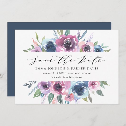 Mitternacht Blooms | Lila und blau Save The Date (Vorne/Hinten)