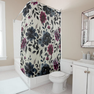 Mitternacht Blue Burgundy Inky Floral Almond Beige Duschvorhang