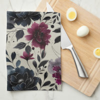 Mitternacht Blue Burgundy Inky Floral Almond Beige