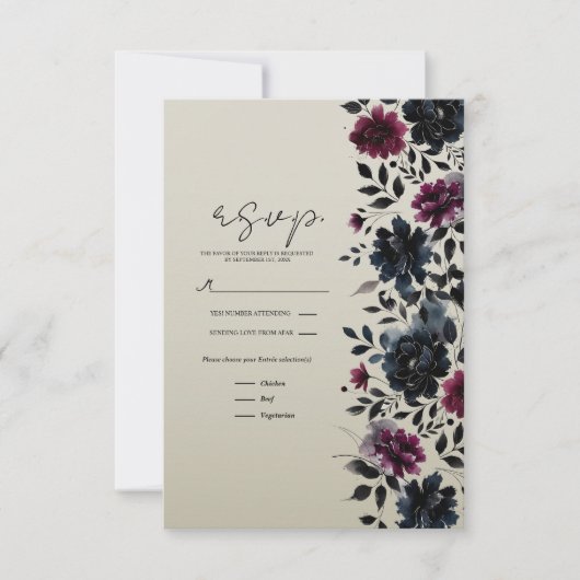 Mitternacht Blue Burgundy Inky Floral Almond UAWG RSVP Karte (Vorderseite)
