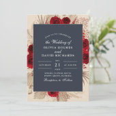 Mitternacht Blue Burgundy Rose Einladung Hochzeit (Stehend Vorderseite)