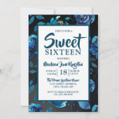 Mitternacht Blue Floral Black Elegant Sweet 16 Ein Einladung (Vorderseite)