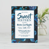 Mitternacht Blue Floral Black Elegant Sweet 16 Ein Einladung (Stehend Vorderseite)