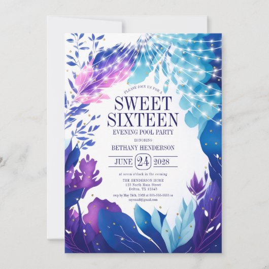 Mitternacht Blue Foliage Abend Pool Party Sweet 16 Einladung (Vorderseite)