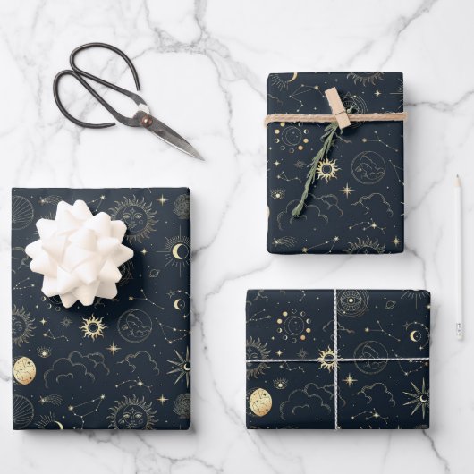 Mitternacht Blue Gold Star Konstellation Muster Geschenkpapier Set (Vorderseite)