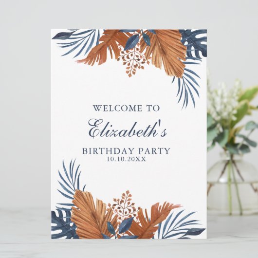Mitternacht Blue Monstera Begrüßungsschaum Einladung (Stehend Vorderseite)