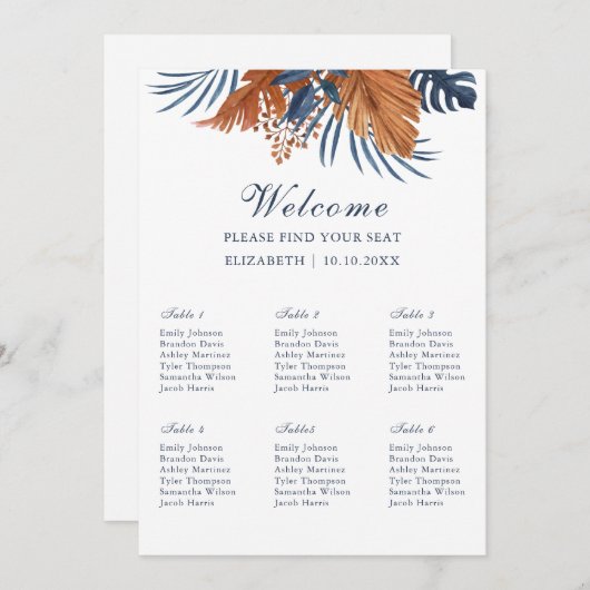 Mitternacht Blue Monstera Seating Chart Fotoparte Einladung (Vorne/Hinten)