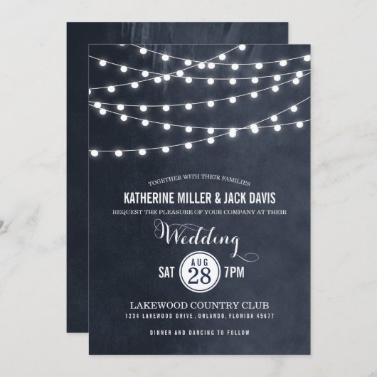 Mitternacht Blue String Lights Hochzeitseinladung Einladung (Vorne/Hinten)