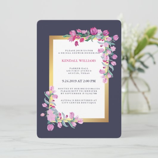 Mitternacht Blume Blue, Gold und Pink Bougainville Einladung (Stehend Vorderseite)