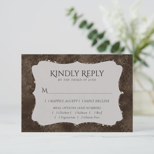 Mitternacht Bronze Romance | Satiny Damask Entree RSVP Karte (Stehend Vorderseite)