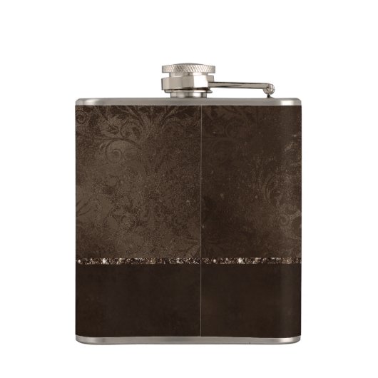 Mitternacht Bronze Romance | Satiny Grunge Damask Flachmann (Rückseite)