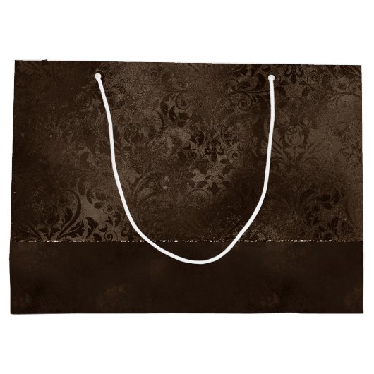 Mitternacht Bronze Romance | Satiny Grunge Damask Große Geschenktüte (Rückseite)