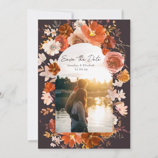 Mitternacht Burnt Orange Floral Wedding Arch Foto Save The Date (Vorderseite)