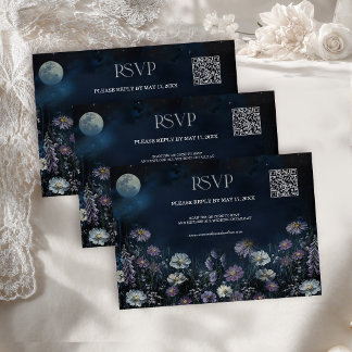 Mitternacht Cosmos Dark Floral Hochzeit QR Code RS RSVP Karte