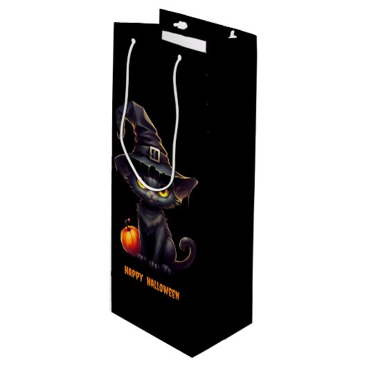 Mitternacht das witzige Schwarze KatzenHalloween Geschenktüte Für Weinflaschen (Vorderseite Schrägansicht)