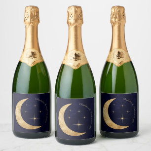 Mitternacht Elegant Celestial Gold Moon Stars Hoch Schaumweinetikett