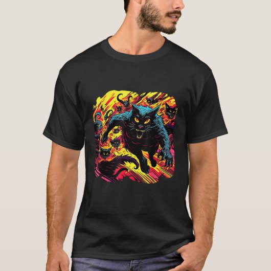 Mitternacht Feline Fright Jasing Shadowy Black Cat T-Shirt (Vorderseite)