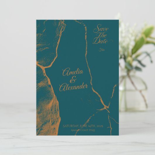 Mitternacht Grüne und Kupfermarmor Save the Date Einladung (Stehend Vorderseite)