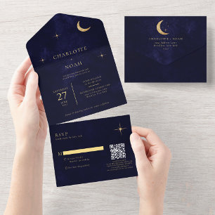 Mitternacht Himmel Gold Mond Sterne Hochzeit QR-Co All In One Einladung