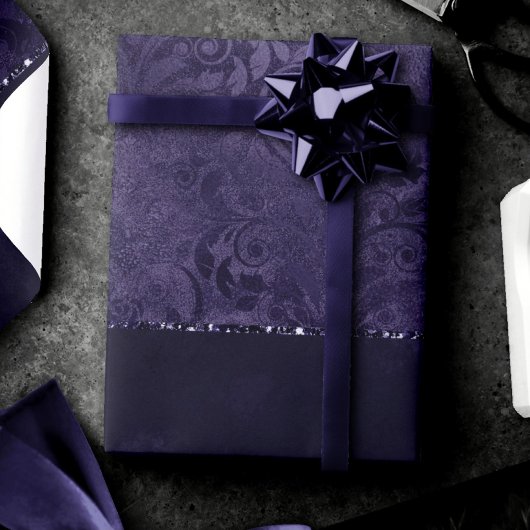 Mitternacht Indigo Romance | Satiny Grunge Damask Geschenkpapier