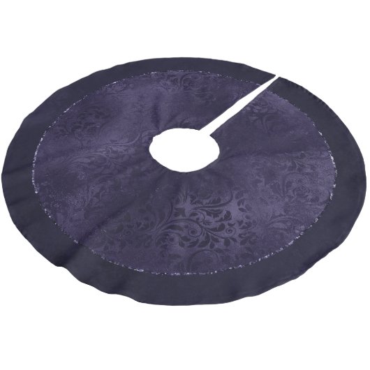 Mitternacht Indigo Romance | Satiny Grunge Damask Polyester Weihnachtsbaumdecke (Schrägansicht)