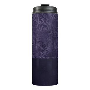 Mitternacht Indigo Romance   Satiny Grunge Damask Thermosbecher