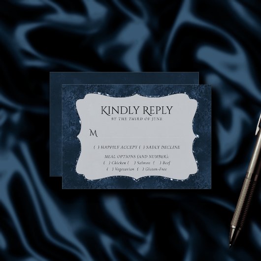 Mitternacht-Marine-Romance | Blue Satiny Damask En RSVP Karte