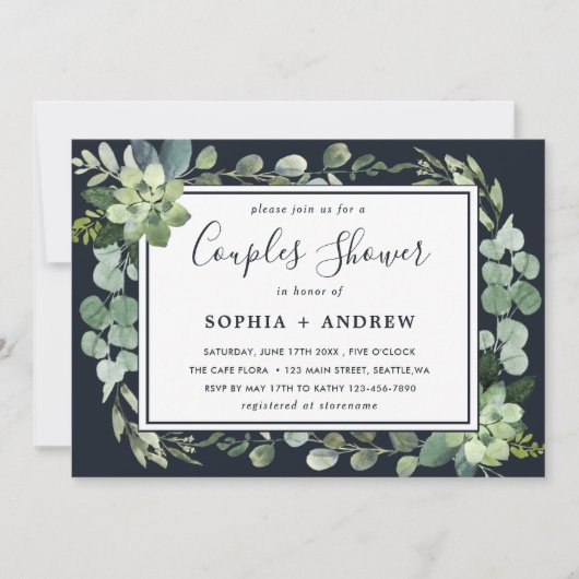 Mitternacht Navy Blue Succulent Couples Dusche Einladung (Vorderseite)