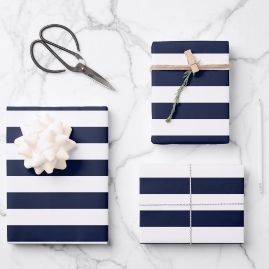 Mitternacht Navy Blue und White Stripes Geschenkpapier Set (Vorderseite)