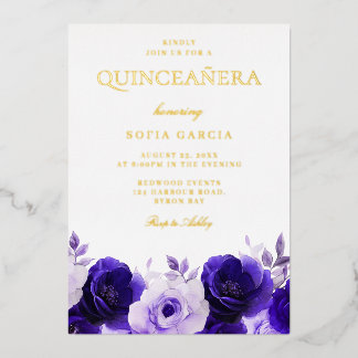 Mitternacht Navy Elegantes Gold Foil Quinceanera P Folieneinladung